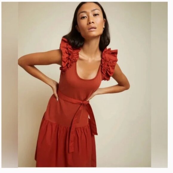 Nation LTD Everleigh Frilly Midi Dress in Cayenne Size Small NWT - Picture 2 of 11